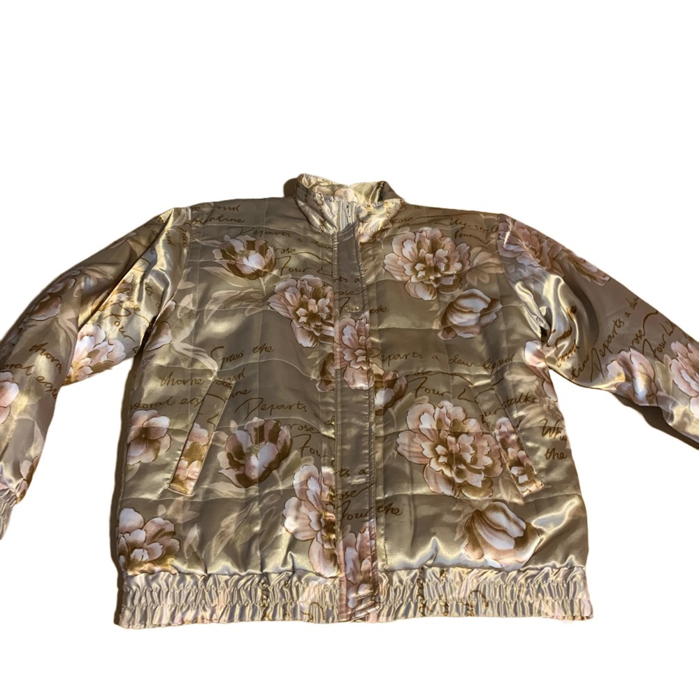 VINTAGE OLEG CASSINI FLORAL PRINT CREAM A  PINK BLUSH SATIN BOMBER JACKET (M) - Picture 9 of 13